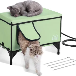 Elevated Heated Cat Shelter – Foldable 900D Oxford Outdoor Cat House in Light Green