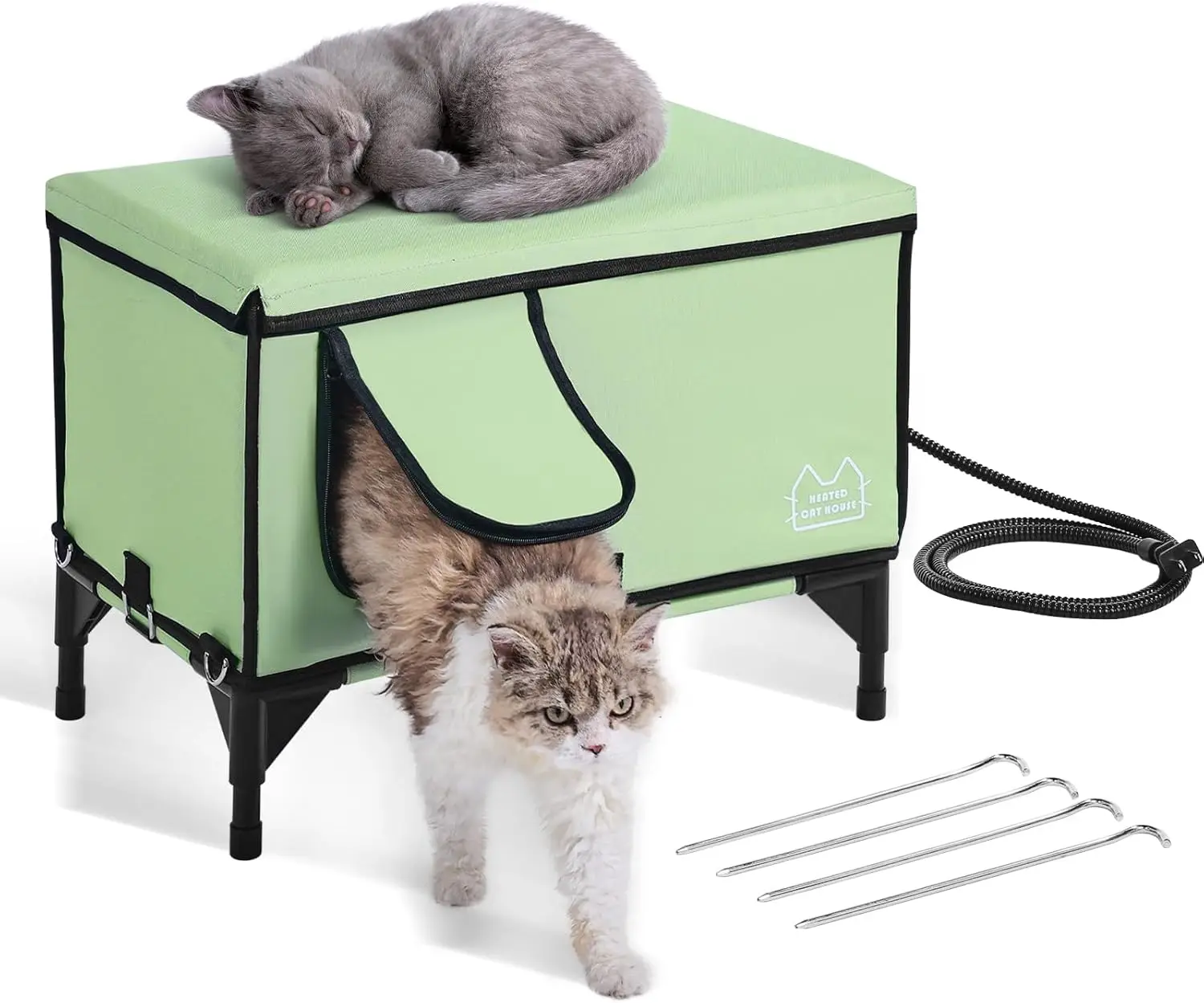 Elevated Heated Cat Shelter – Foldable 900D Oxford Outdoor Cat House in Light Green
