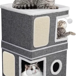 Two-Story Cat House – Dual Cat Bed Caves with Scratch Pads and Hanging Toys