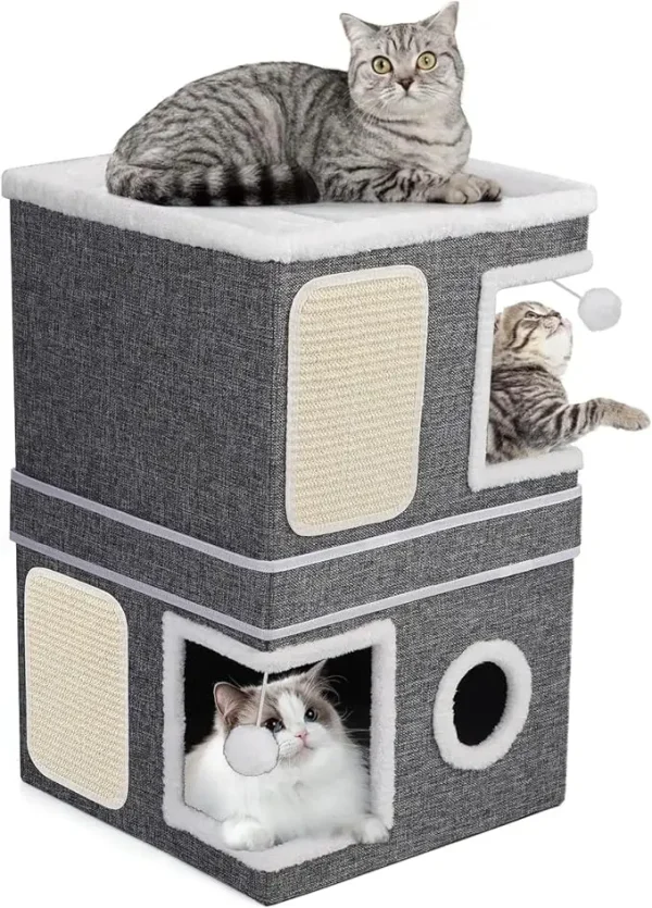 Two-Story Cat House – Dual Cat Bed Caves with Scratch Pads and Hanging Toys