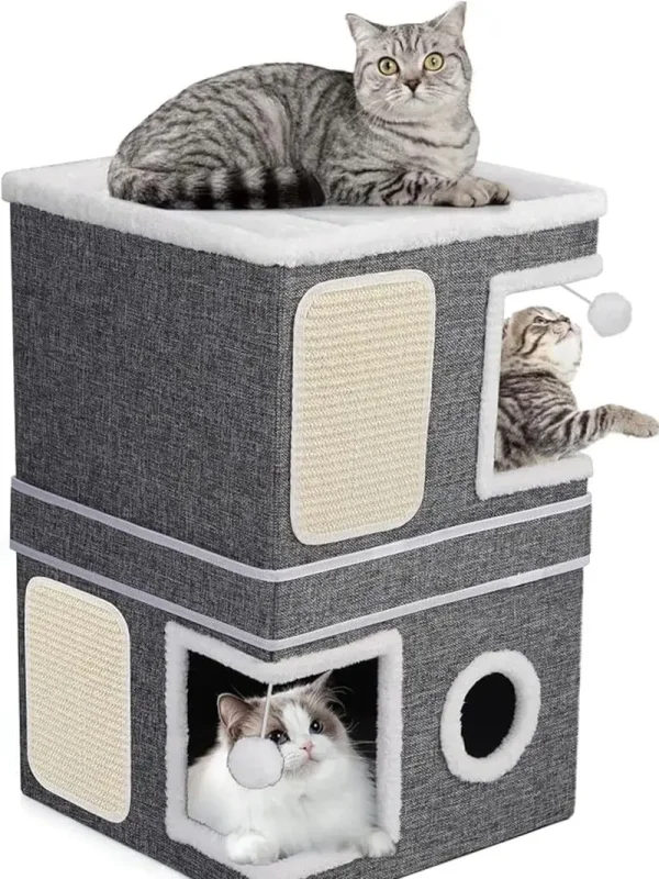 Two-Story Cat House – Dual Cat Bed Caves with Scratch Pads and Hanging Toys - Image 4
