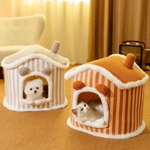 Foldable Deep Sleep Cat Bed – Washable Striped Plush Bed for Dogs and Cats