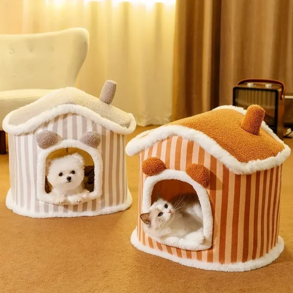 Foldable Deep Sleep Cat Bed – Washable Striped Plush Bed for Dogs and Cats