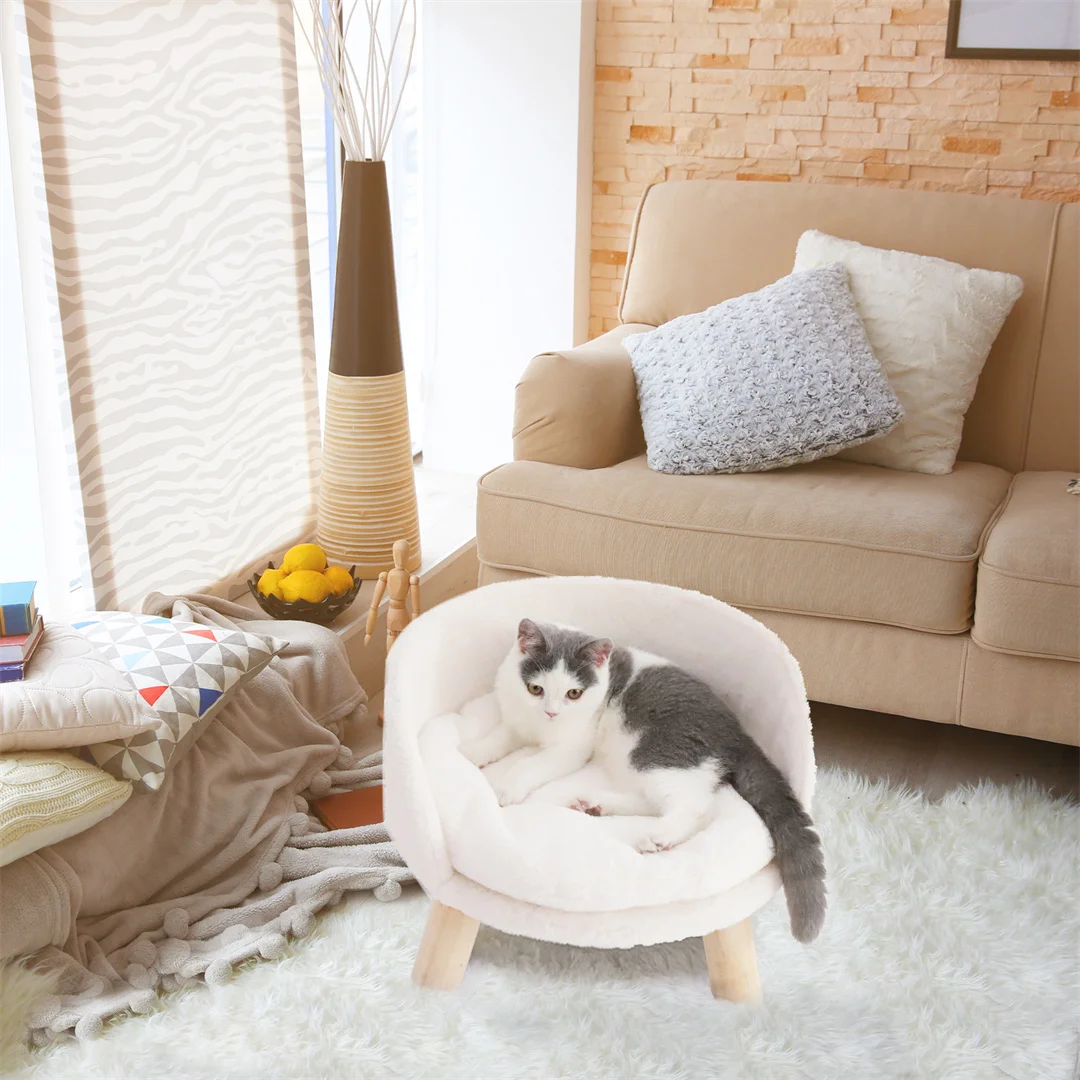 Luxury Plush Cat Bed Stool – Waterproof Wooden Pet Chair with Washable Cushion - Image 2