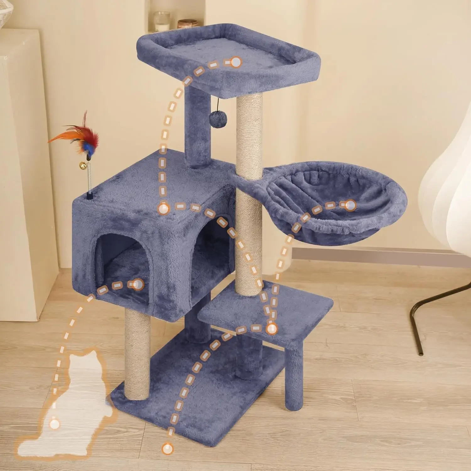 Multifunction Cat Tree – Cozy Hammock Tower with Jute Scratching Posts and Toys - Image 3
