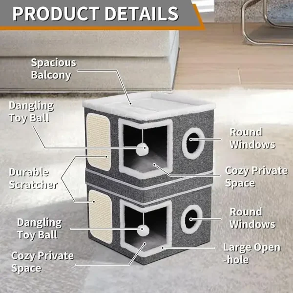 Two-Story Cat House – Dual Cat Bed Caves with Scratch Pads and Hanging Toys - Image 3