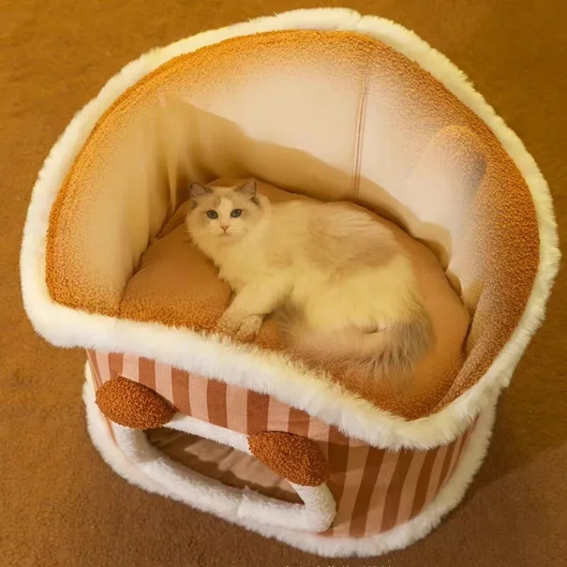 Foldable Deep Sleep Cat Bed – Washable Striped Plush Bed for Dogs and Cats - Image 4