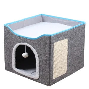 Foldable Cat House with Scratch Pad and Hanging Ball – Comfortable Indoor Pet Bed