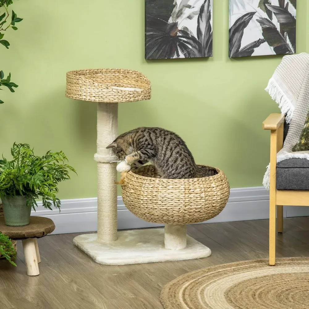 28-Inch Elevated Cat Tree with Scratching Post – Basket Design Small Cat Tower with Toy Ball - Image 2
