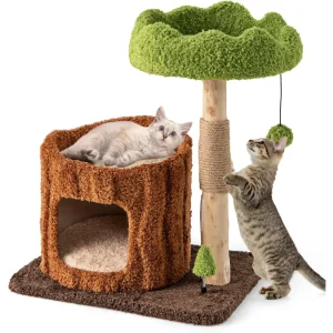 Natural Wood Cat Tree – Branch Design Tower with Condo, Mat, and Scratching Post