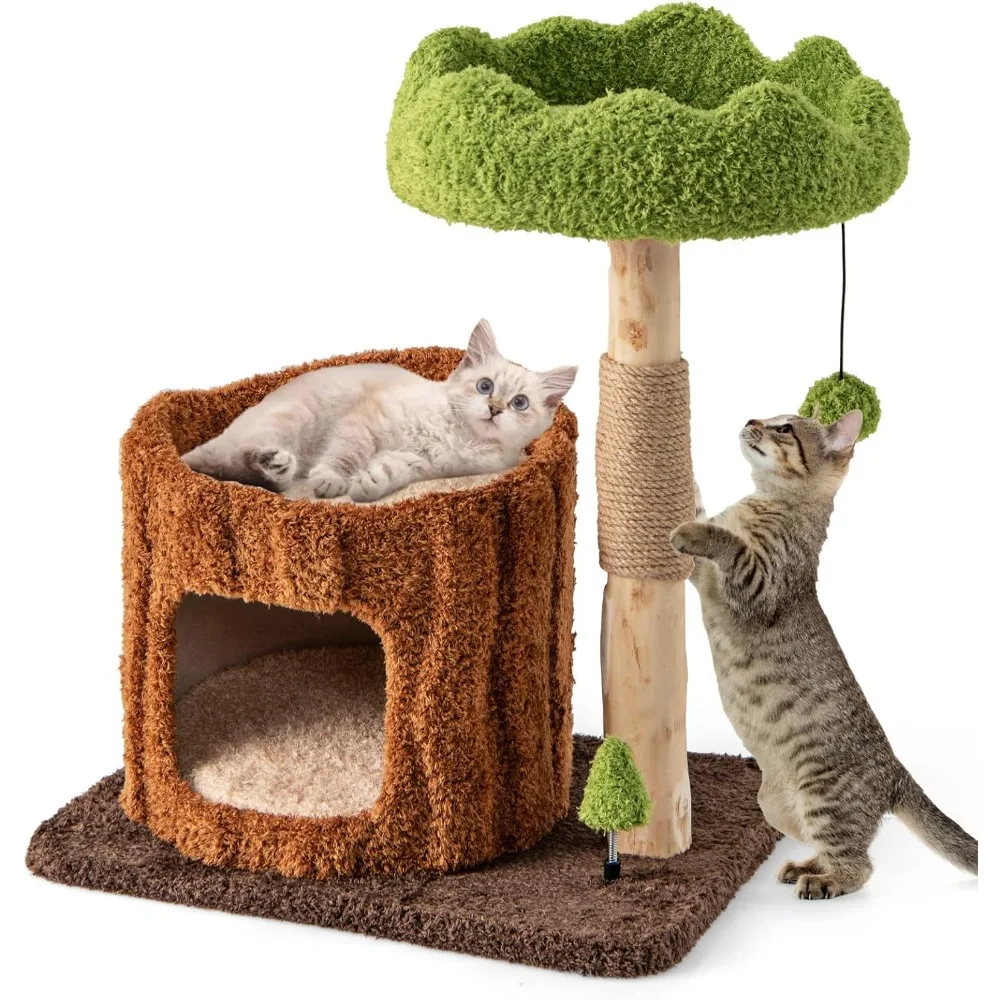 Natural Wood Cat Tree – Branch Design Tower with Condo, Mat, and Scratching Post