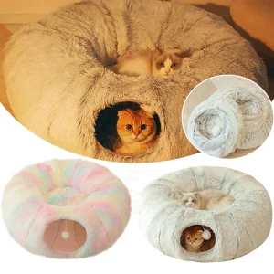 2-in-1 Cat Tunnel and Bed – Long Plush Foldable Cat Toy Tunnel for Small Dogs and Kittens