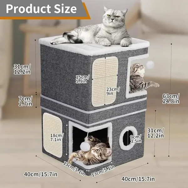 Two-Story Cat House – Dual Cat Bed Caves with Scratch Pads and Hanging Toys - Image 2