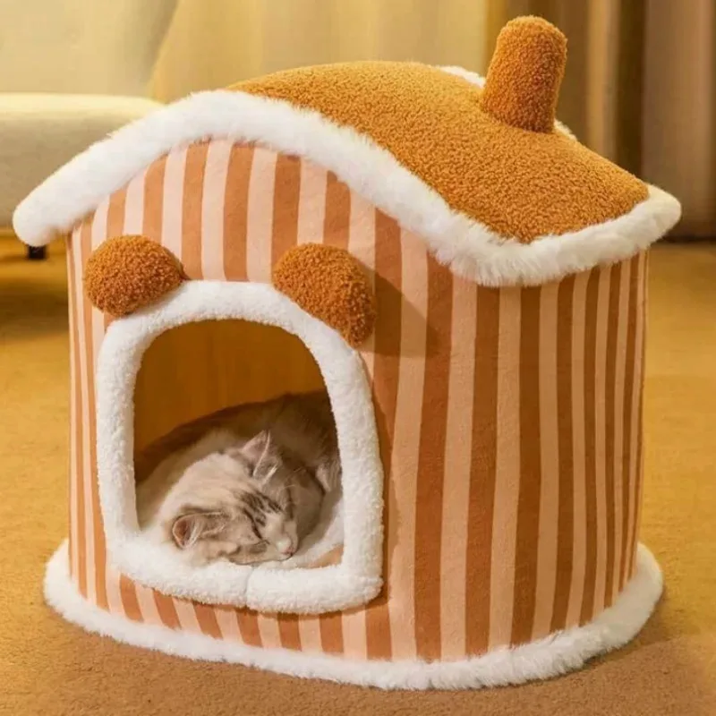Foldable Deep Sleep Cat Bed – Washable Striped Plush Bed for Dogs and Cats - Image 2