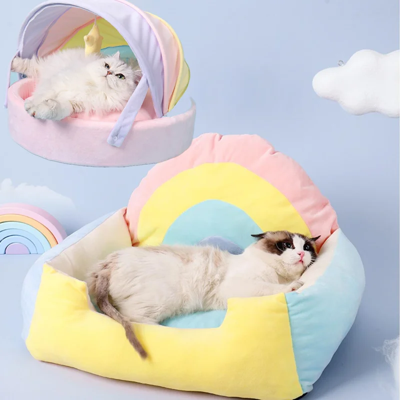 Rainbow Tent Cat House – Cute Warm Bed for Small Dogs and Indoor Cats - Image 2